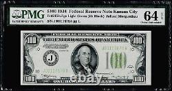 $100 1934 Federal Reserve Note Kansas City Light Green Seal PMG 64 EPQ CU