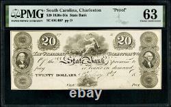 1820-1850's South Carolina Charleston State Bank $20 PMG Choice 63 -Proof Rare