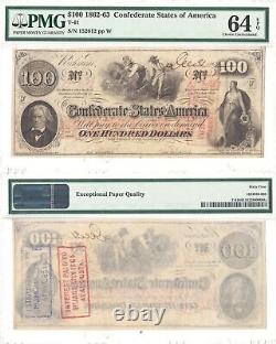 1862 $100 Confederate States Note T-41 PMG Choice Uncirculated-64 EPQ