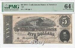 1864 T-69 $5 Csa Confederate Currency Pmg 64 Choice Uncirculated Epq