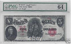 1907 $5 Woodchopper Legal Tender S/n 8 Pmg-64 Choice Uncirculated Low #8 Note