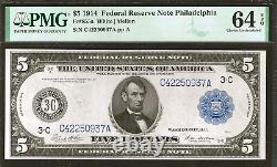 1914 $5 Philadelphia Federal Reserve Note Choice Uncirculated Pmg 64 Epq
