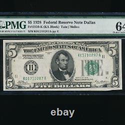 1928 $5 Federal Reserve Note Dallas 287 Pmg 64 Choice Unc Free S/h