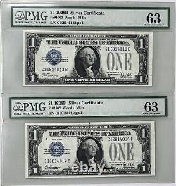 1928-B $1 Silver Certificates Consecutive Pair, Fr. 1606 both PMG 63 Choice Unc