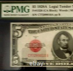 1928a $5 Pmg58 Choice About Unc Us Legal Tender Note Woods/mills Red Seal