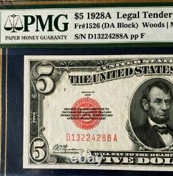 1928a $5 Pmg63 Epq Choice Uncirculated Us Legal Tender Note Woods/mills Red Seal