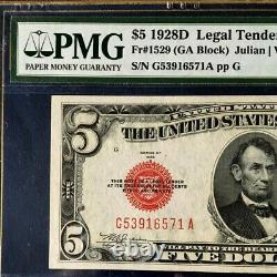 1928d $5 Pmg64 Choice Uncirculated Legal Tender Note Julian/vinson Red Seal & Sn