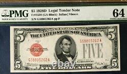 1928d $5 Pmg64 Choice Uncirculated Us Legal Tender Note Julian/vinson Red Seal