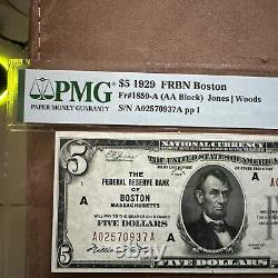 1929 5$ Federal Reserve Note Boston Choice Uncirculated PMG 64 EPQ (AA Block)