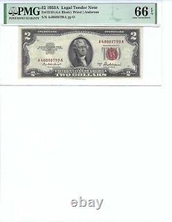 1953 $2 Legal Tender FR1510 PMG 66 EPQ, Red Seal S/N A48888799A