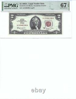 1963 $2 Legal Tender FR1514 PMG 67 EPQ, Red Seal S/N A15588398A