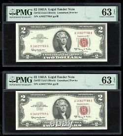1963 A $2 Red Seal U. S. Note FR. 1514 Choice Uncirculated PMG 63 EPQ Consecutive