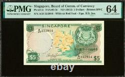 1972 Singapore $5 Orchid Banknote PMG Choice Uncirculated 64 P#2c TAN#0-2c