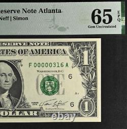 1974 $1 FRN Atlanta PMG 65EPQ March 16 birthday low serial number 00000316