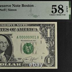 1974 $1 Federal Reserve Note Boston PMG 58EPQ birthday low serial number 0000901