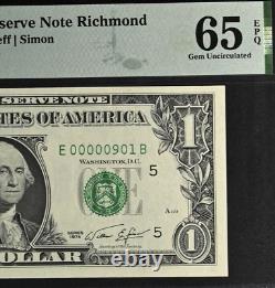 1974 $1 Federal Reserve Note PMG 65EPQ Gem birthday low serial number 00000901