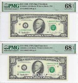 1995 $10 SAN FRANCISCO FRNs. 6 PMG Superb Gem Uncirculated 68 EPQ Banknotes