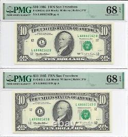 1995 $10 SAN FRANCISCO FRNs. 6 PMG Superb Gem Uncirculated 68 EPQ Banknotes