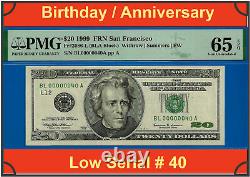 1999 $20 Federal Reserve Note PMG 65EPQ fancy birthday gem low serial number 40