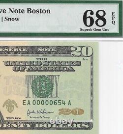 2004 $20 BOSTON FRN PMG SUPERB GEM Uncirculated 68 EPQ Banknote. LOW Serial 654