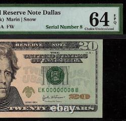 2004 $20 Federal Reserve Note PMG 64EPQ rare single digit serial number 8