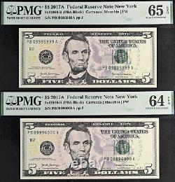 2017A $5 Federal Reserve Note PMG 65EPQ wanted rare fancy serial rollover pair