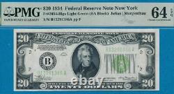 $20. 1934 New York Lime Green Seal Federal Reserve Note Beautiful Pmg 64epq