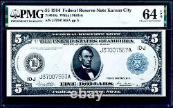 $5 1914 Federal Reserve Note Kansas City Fr#883a White Mellon PMG 64 EPQ CU