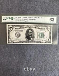 $5 1928 Federal Reserve Note Dallas PMG graded 63 Choice Uncirculated