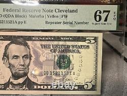 $5 2021 FEDERAL RESERVE NOTE REPEAT SERIAL -QD 15211521 A on PMG 67 EPQ