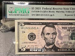 $5 2021 FEDERAL RESERVE NOTE REPEAT SERIAL -QD 15211521 A on PMG 67 EPQ