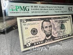 $5 2021 FEDERAL RESERVE NOTE REPEAT SERIAL -QD 15211521 A on PMG 67 EPQ