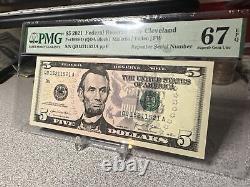 $5 2021 FEDERAL RESERVE NOTE REPEAT SERIAL -QD 15211521 A on PMG 67 EPQ