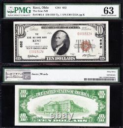 Awesome RARE Crisp CHOICE UNC 1929 $10 KENT, OH National Banknote! PMG 63