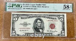 FR 1532 1953 $5 red seal STAR Legal Tender PMG 58 Choice about Uncirculated