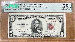 FR 1532 1953 $5 red seal STAR Legal Tender PMG 58 Choice about Uncirculated