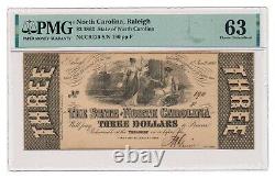 NORTH CAROLINA, RALEIGH banknote $3 1863 PMG MS 63 Choice Uncirculated