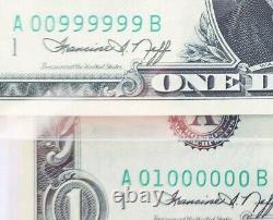 PMG 64 EPQ / 65 EPQ= 00999999/01000000 FANCY ROLLOVER SERIAL set Uncirculated $1