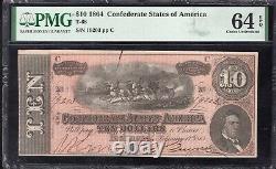 T-68 1864 $10 Confederate Currency Pmg 64 Epq CIVIL War Bill 19203