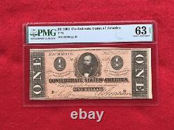 T-71 1864 $1 One Dollar CSA Confederate Note PMG 63 EPQ Choice Uncirculated